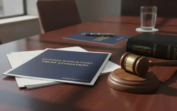 Trust document and gavel on a wooden table representing California trust litigation and estate law