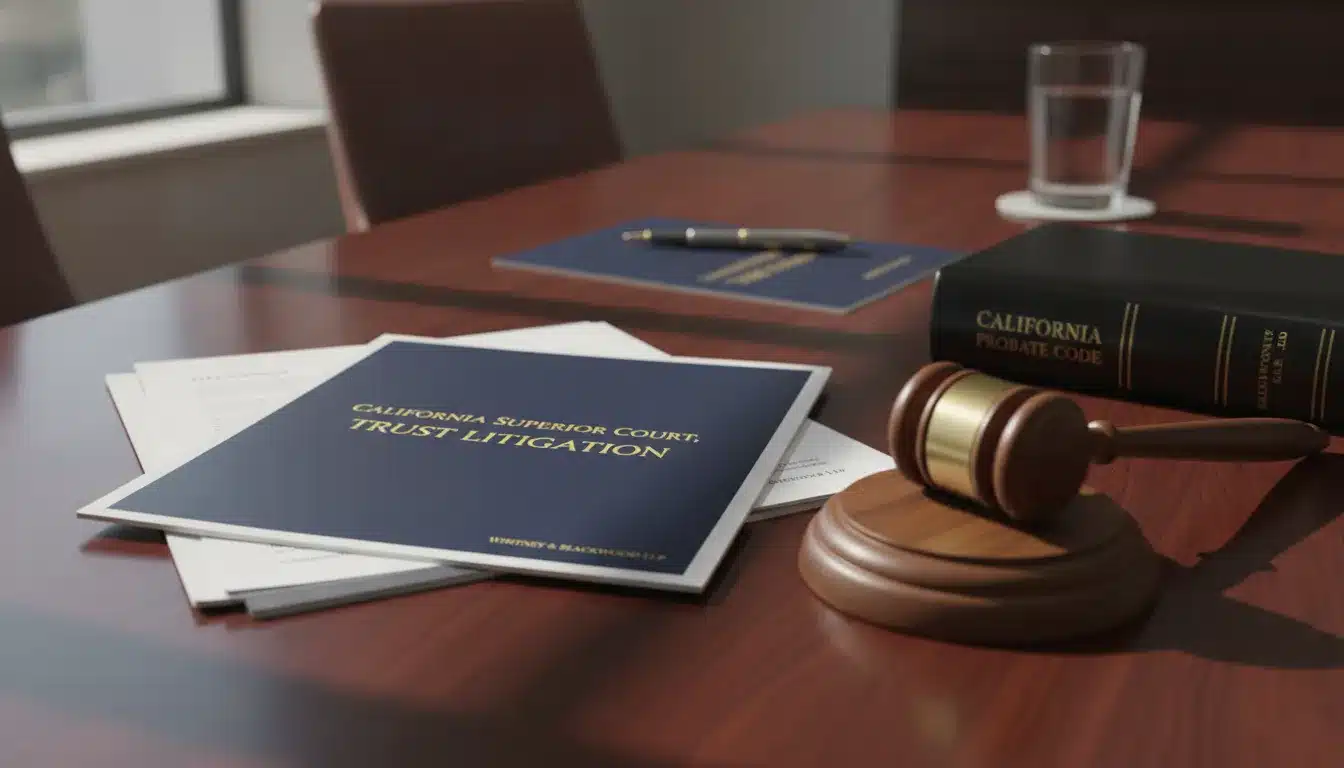 Trust document and gavel on a wooden table representing California trust litigation and estate law