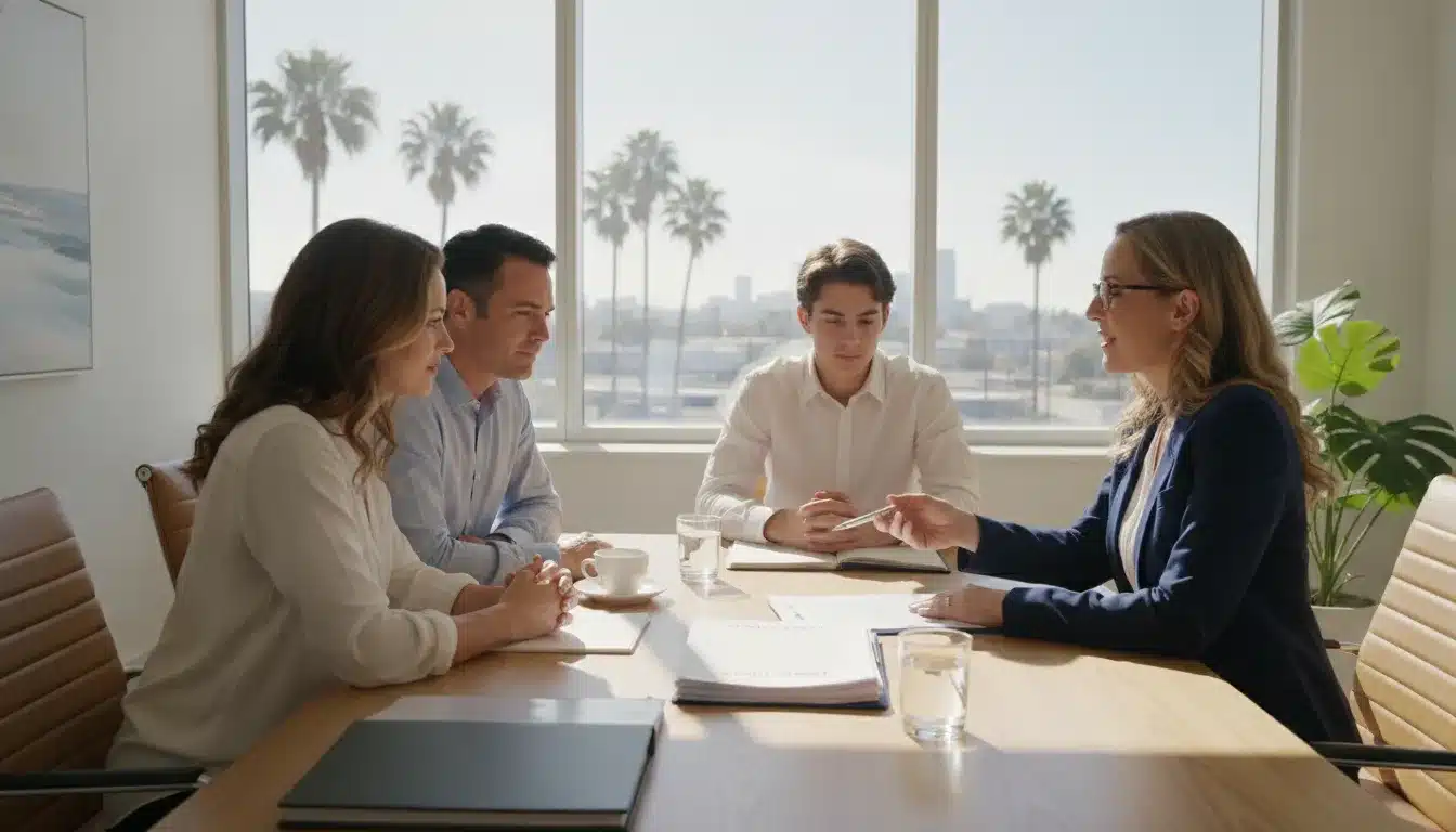 California family reviewing trust documents with an attorney at a modern law office