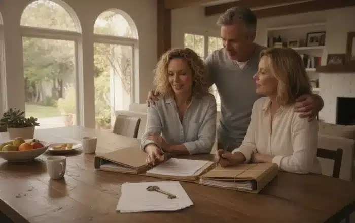 Adult siblings sitting together reviewing legal documents and a house key at a kitchen table