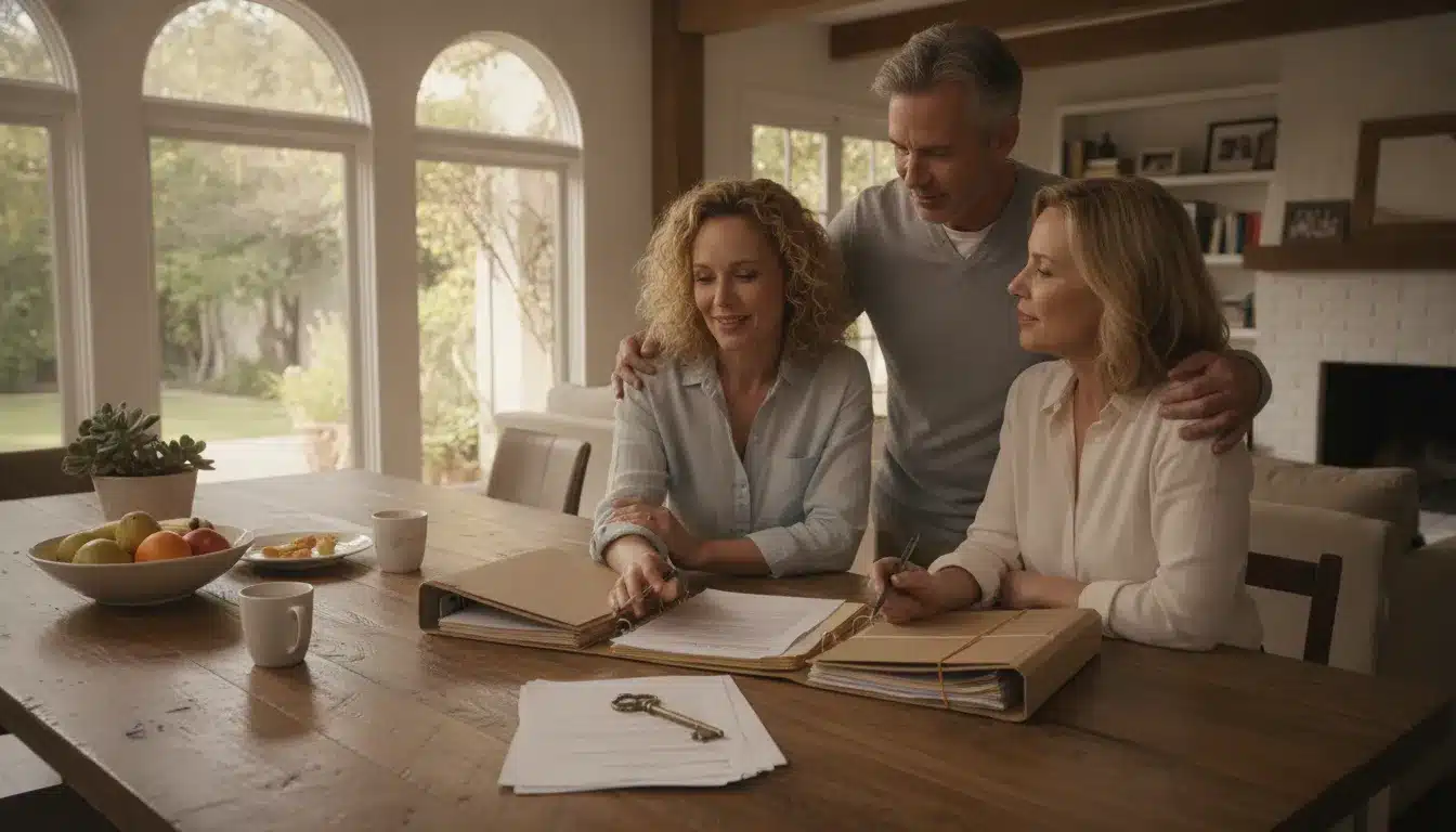 Adult siblings sitting together reviewing legal documents and a house key at a kitchen table