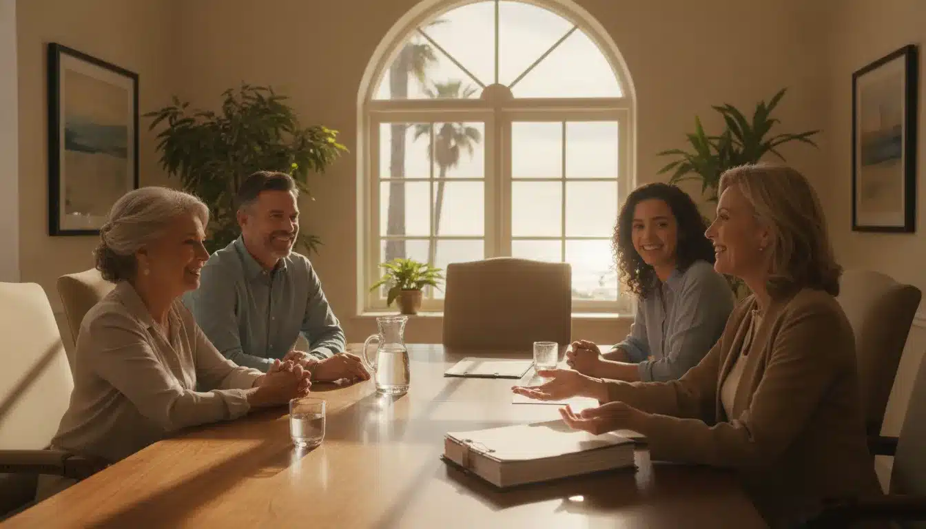 California estate planning attorney meeting with a multi-generational family in a bright office