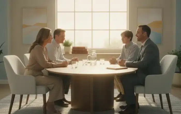 California family meeting with an estate planning attorney in a bright modern office to discuss trust and life insurance planning