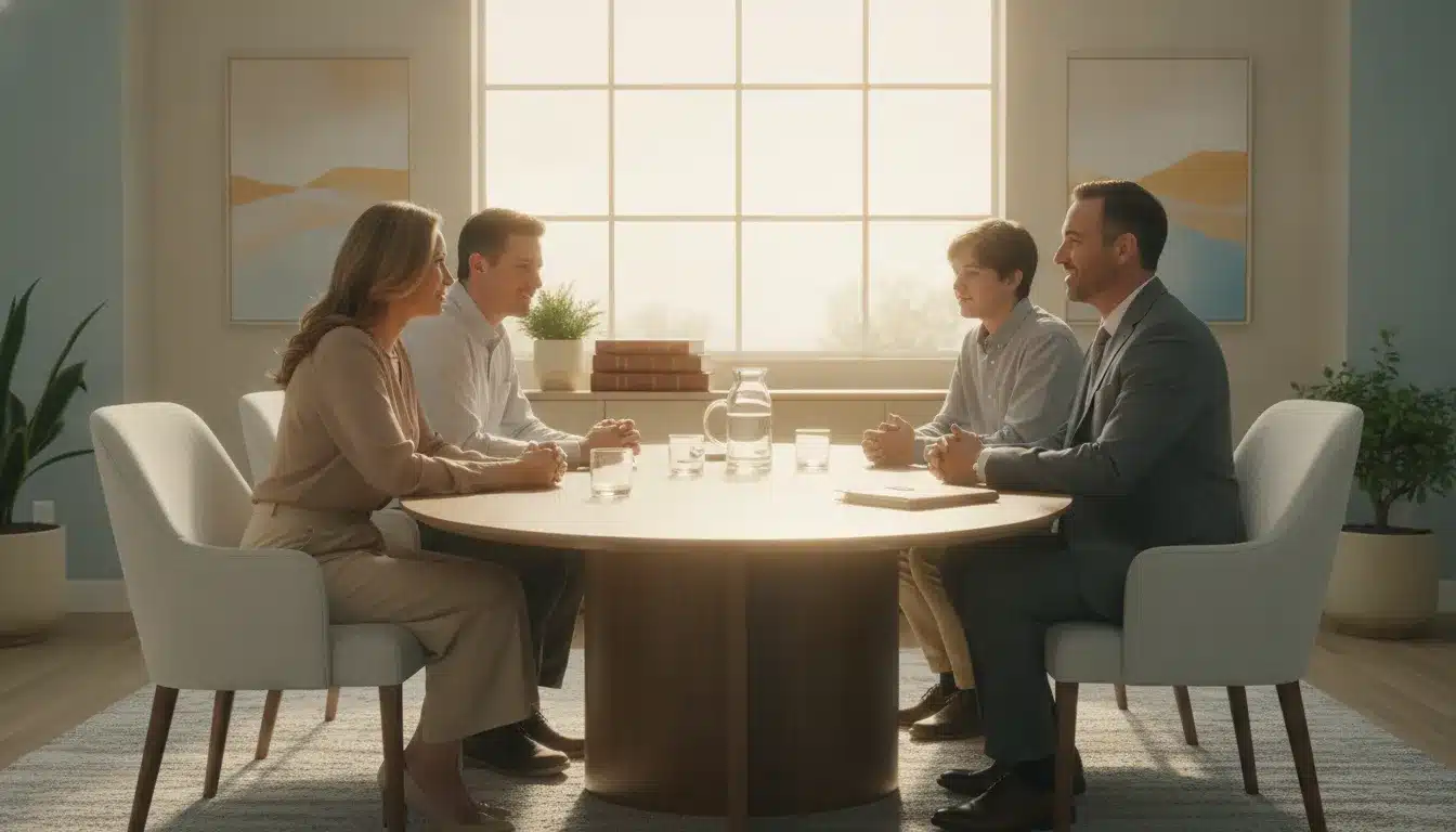 California family meeting with an estate planning attorney in a bright modern office to discuss trust and life insurance planning