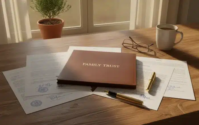 A family trust binder with a gold pen on a wooden desk, symbolizing power of appointment California estate planning.