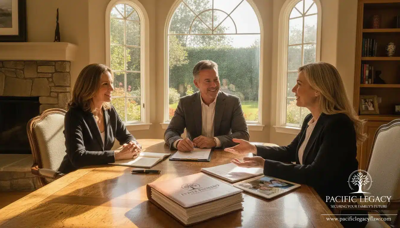 California family home with estate planning documents on a table, sunlight streaming through windows
