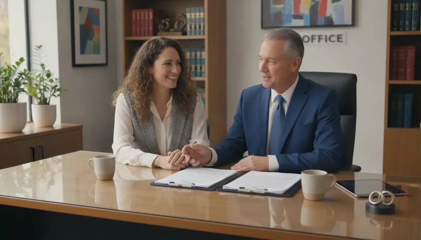 California same-sex couple meeting with estate planning attorney in a modern law office