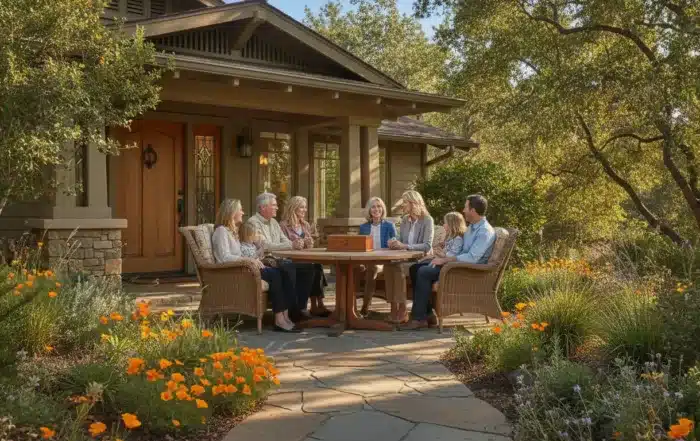 Multi-generational California family talking with an estate planning attorney on the porch of their home
