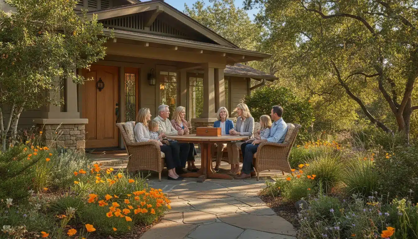 Multi-generational California family talking with an estate planning attorney on the porch of their home