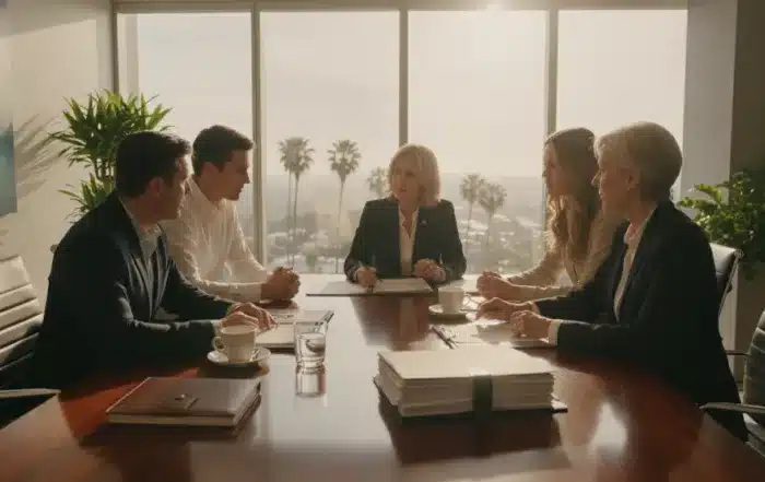 Successor trustee meeting with California family around a trust administration table reviewing estate planning documents