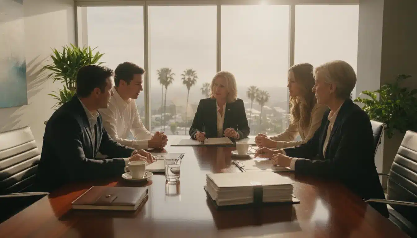 Successor trustee meeting with California family around a trust administration table reviewing estate planning documents