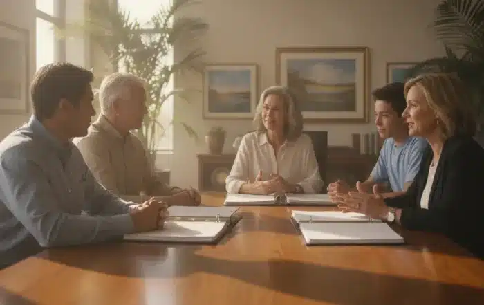 Estate planning attorney with a multi-generational California family reviewing trust documents at a bright office table
