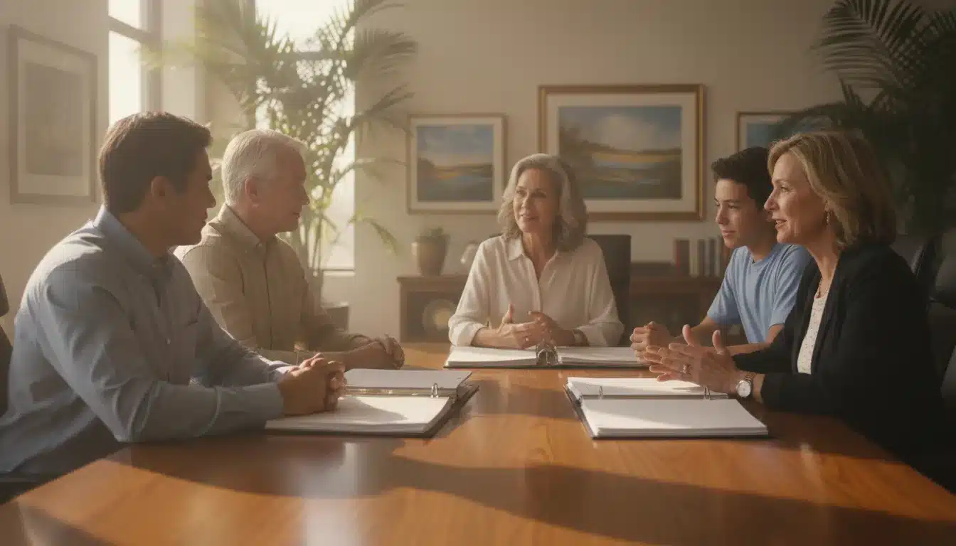 common-trust-funding-mistakes-and-how-to-avoid-them-138092 Estate planning attorney with a multi-generational California family reviewing trust documents at a bright office table