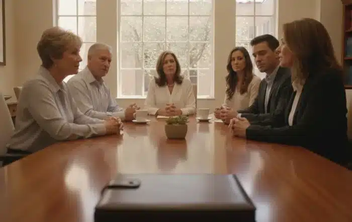 Estate planning attorney speaking with a family in a warm California law office