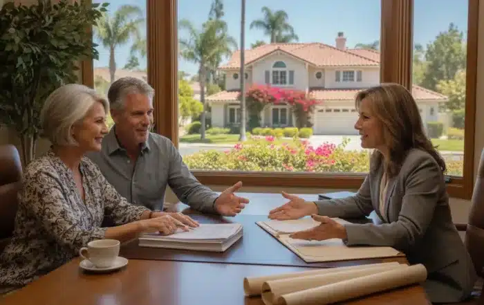 California couple in their 60s reviewing estate documents with a friendly attorney in a bright office