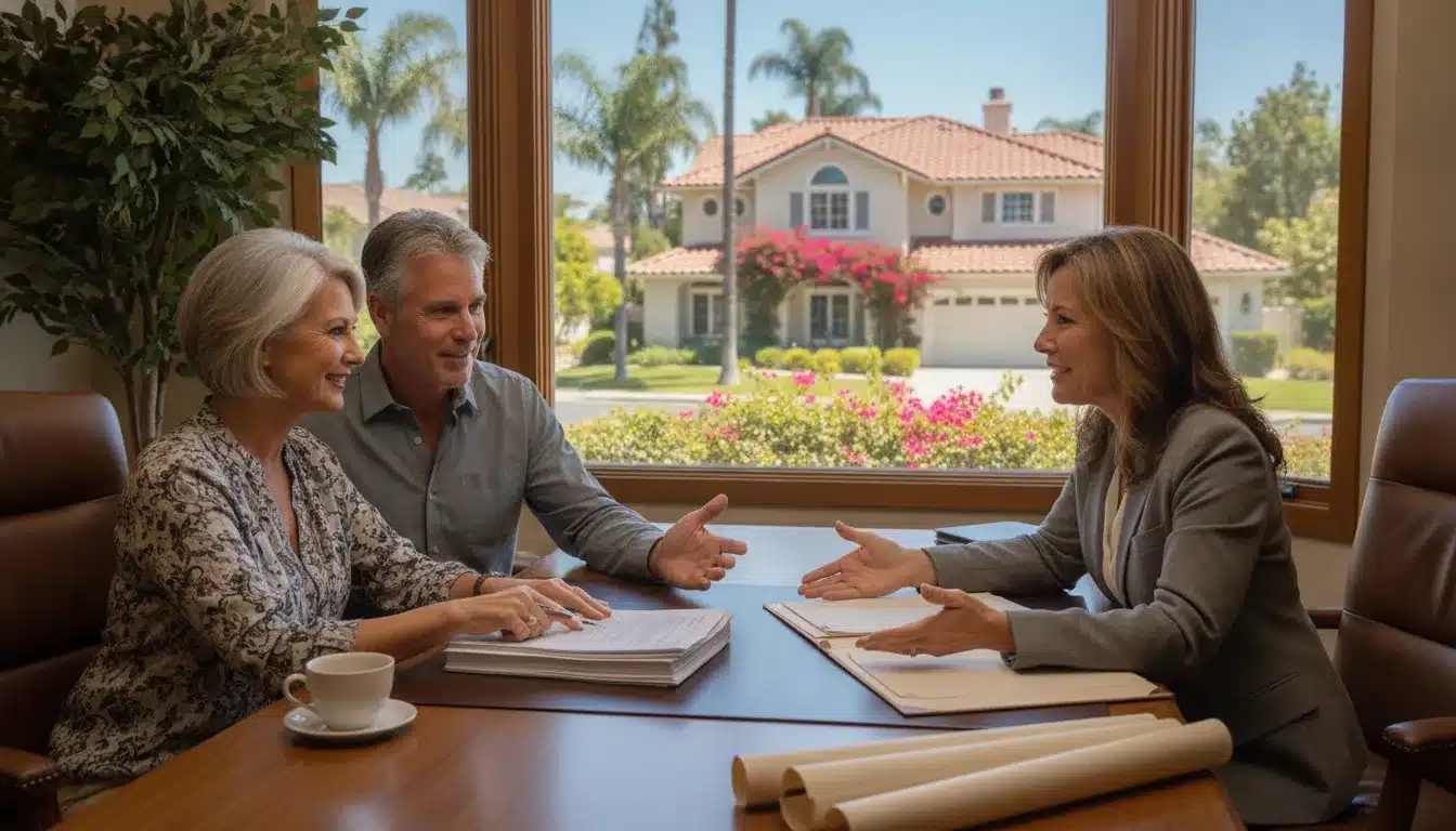 California couple in their 60s reviewing estate documents with a friendly attorney in a bright office