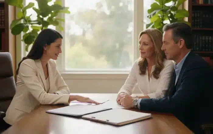 Estate planning attorney meeting with a California family in a warm office to discuss estate planning costs