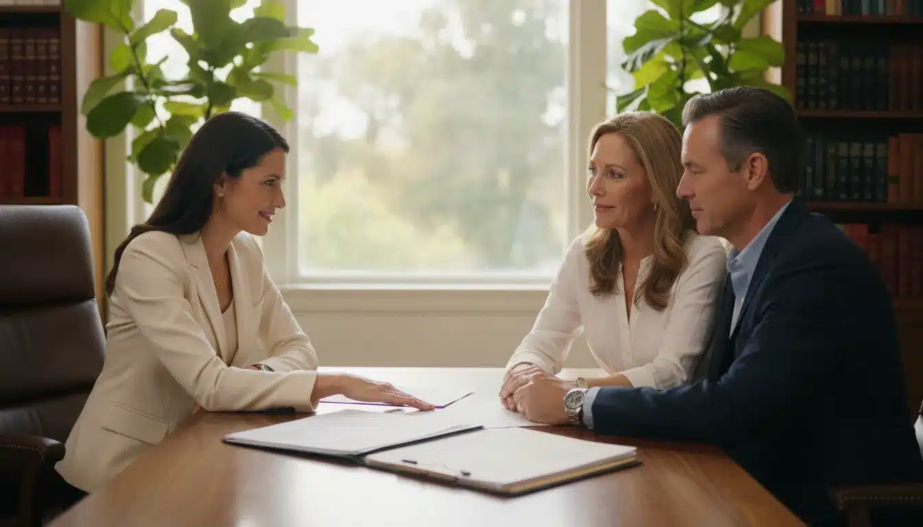 Estate planning attorney meeting with a California family in a warm office to discuss estate planning costs