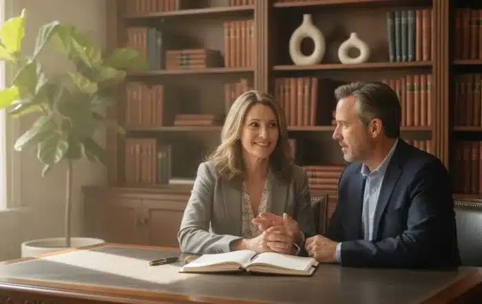 Estate planning attorney meeting with a California couple to discuss will and estate planning costs