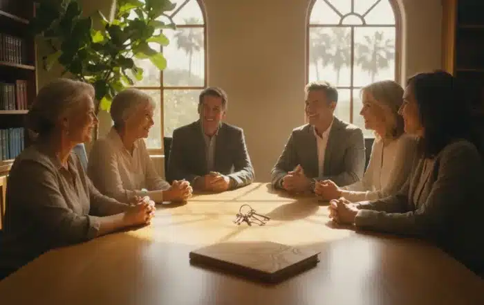 Estate planning attorney speaking with a multigenerational family in a bright California office