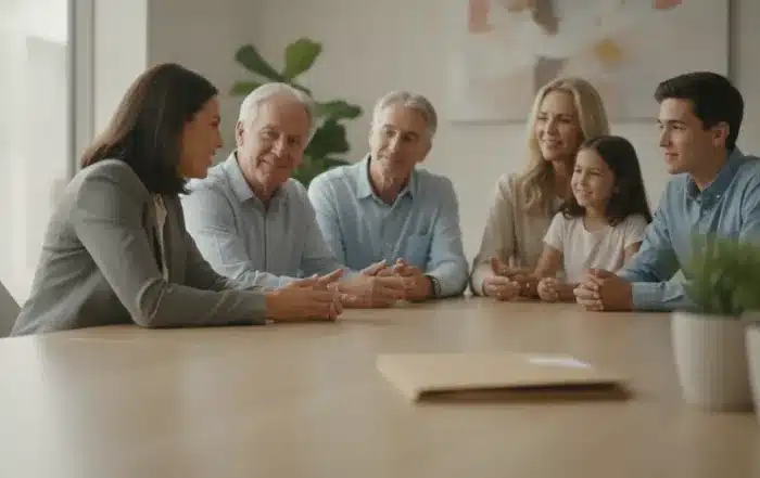 Compassionate California estate planning attorney speaking with a multi-generational family at a bright office table