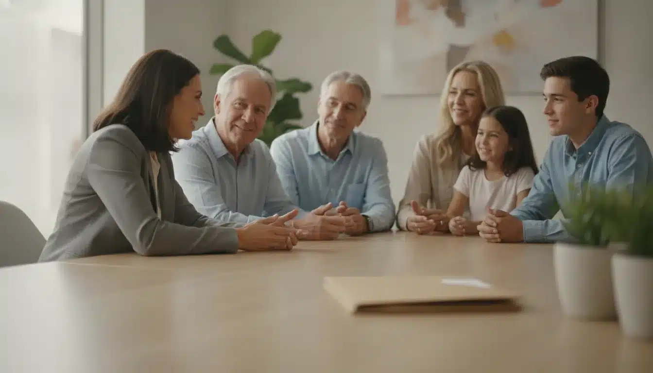 how-to-find-a-will-after-death-in-california-458962 Compassionate California estate planning attorney speaking with a multi-generational family at a bright office table