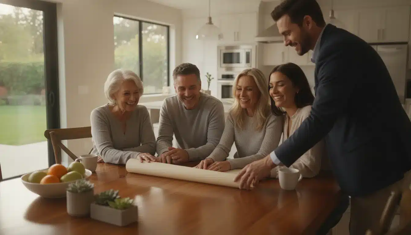 Multi-generational California family reviewing a house deed with an attorney at home