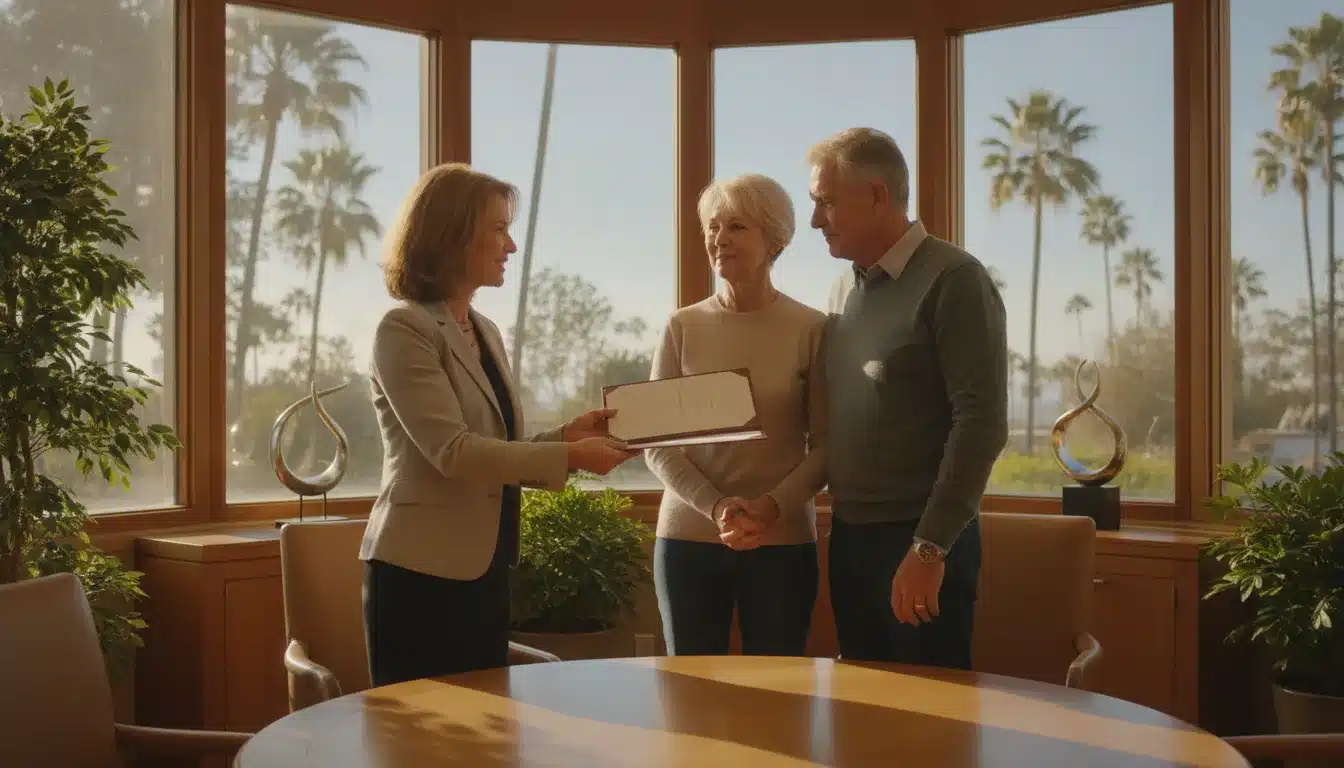 Estate planning attorney handing a signed trust deed to a relieved couple in a bright office