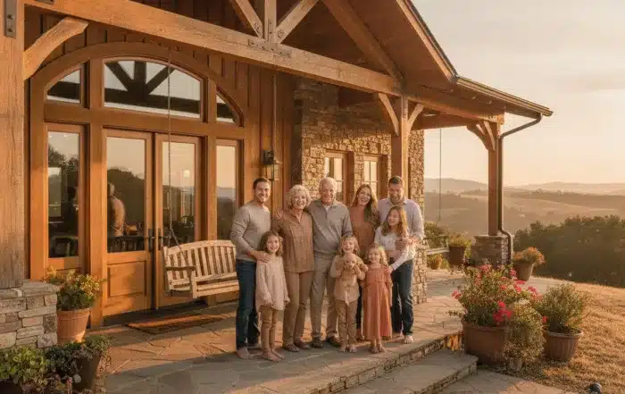 Multi-generational California family standing together on the front porch of their home
