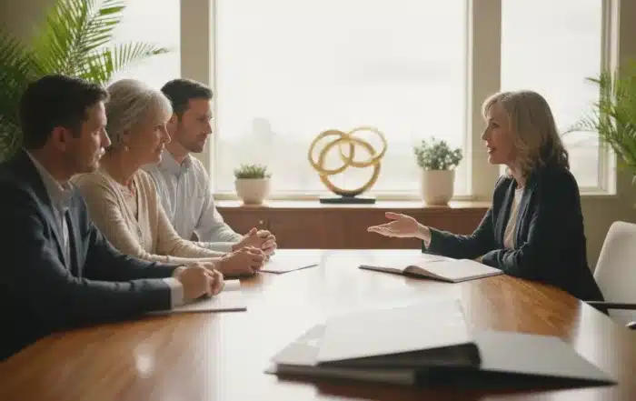 California family discussing trustee and beneficiary roles with an estate planning attorney