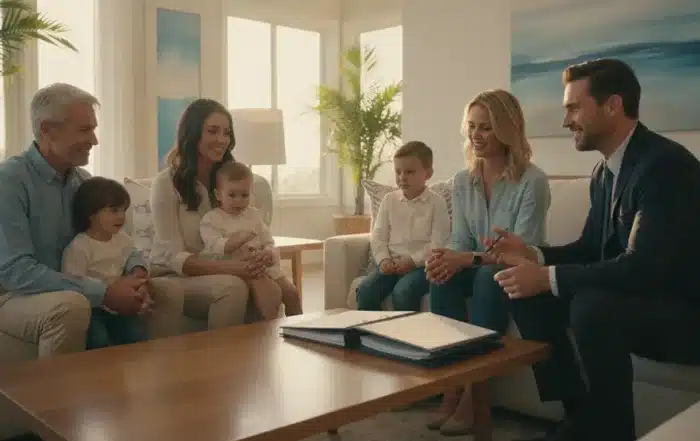 Multi-generational California family meeting with an estate planning attorney in a modern living room