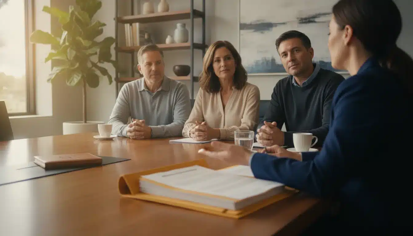 executor-of-will-checklist-for-california-families-416209 Family reviewing organized estate documents with an advisor