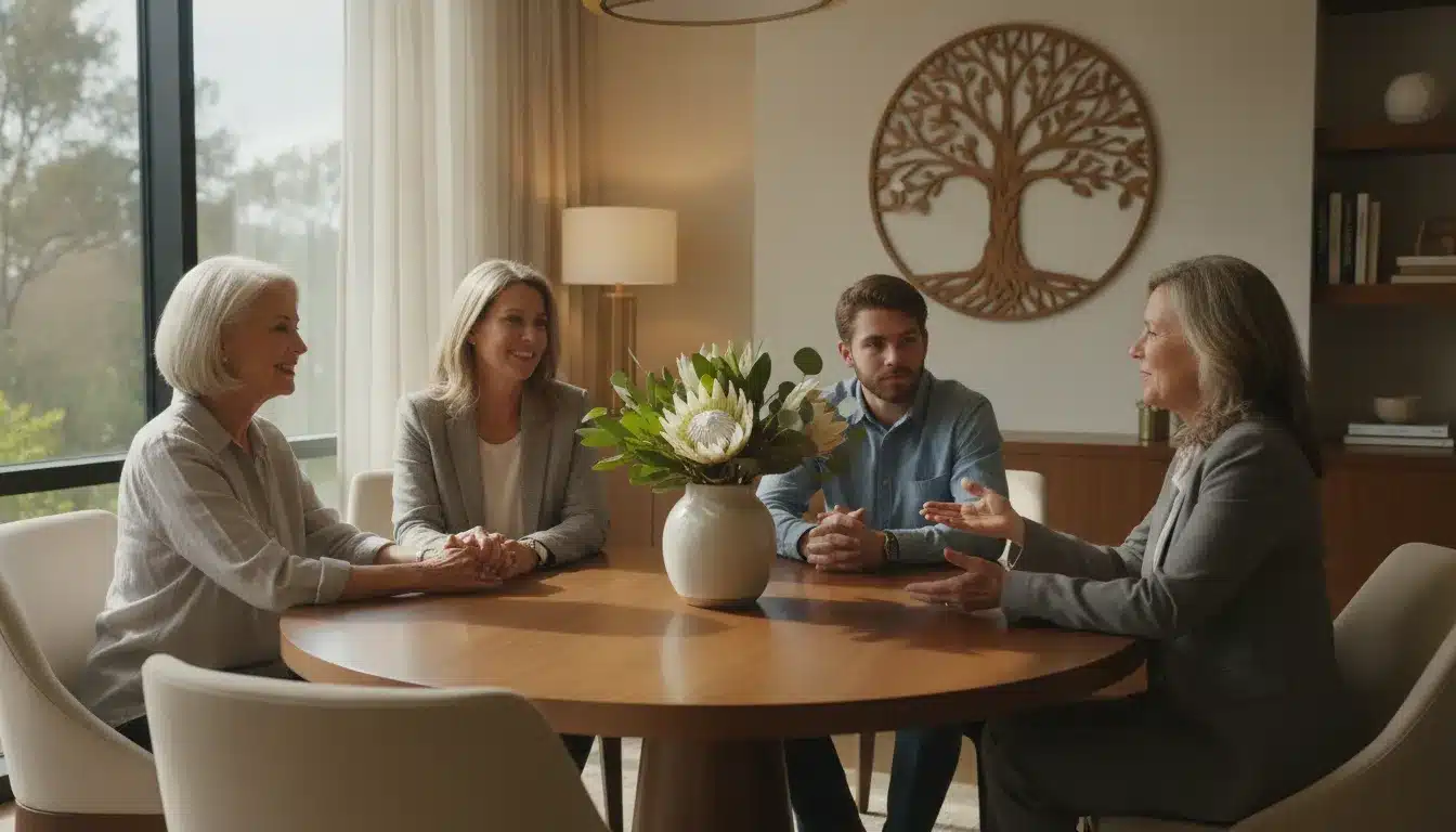 Three generations of a California family discussing legacy planning with an estate attorney
