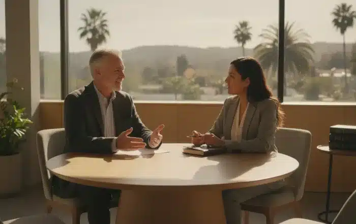 California homeowner discussing irrevocable trust planning with an estate attorney