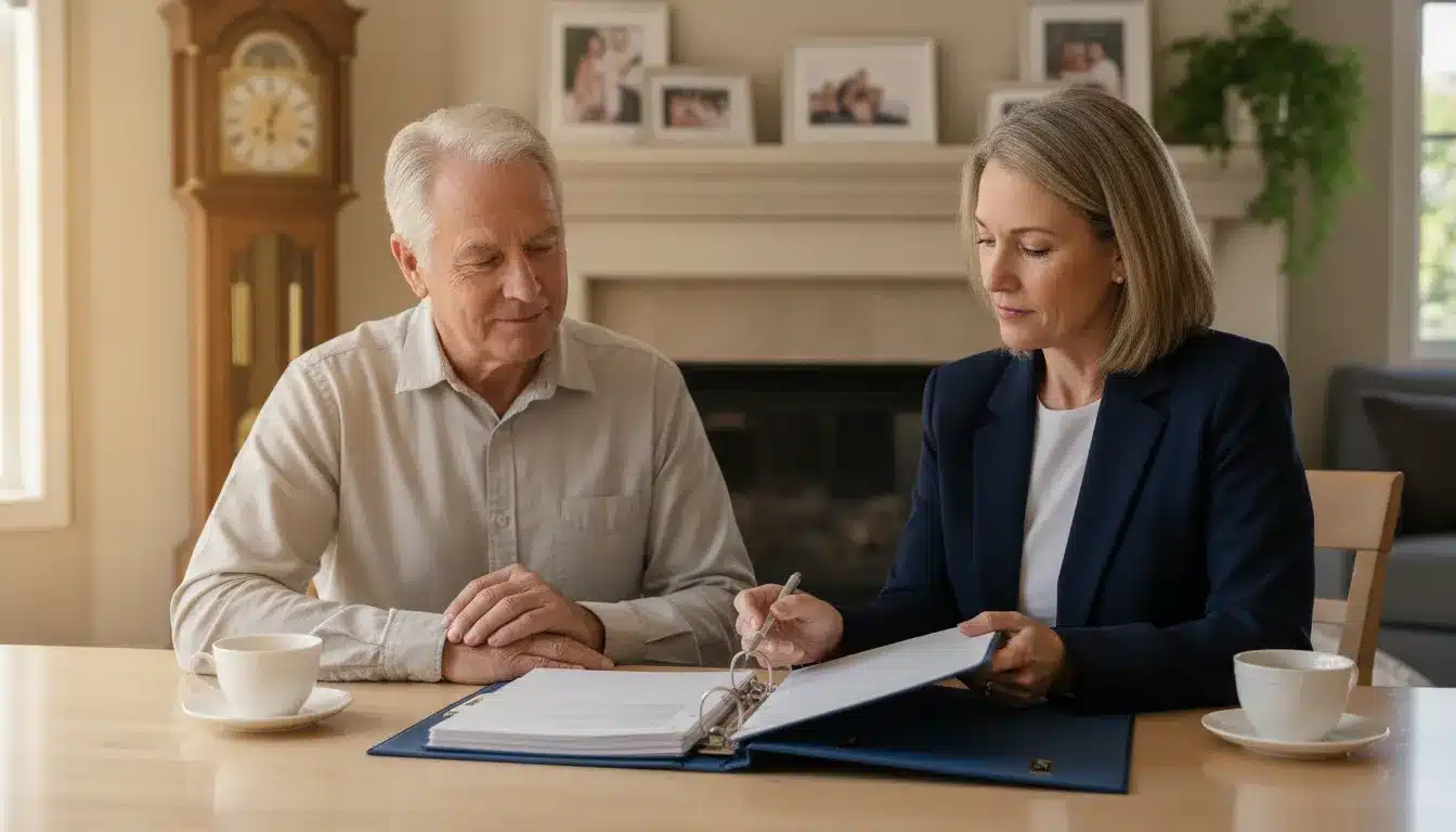 California couple reviewing an irrevocable trust plan with an estate planning advisor