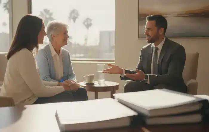 Adult child and elderly parent discussing power of attorney planning with a California estate attorney