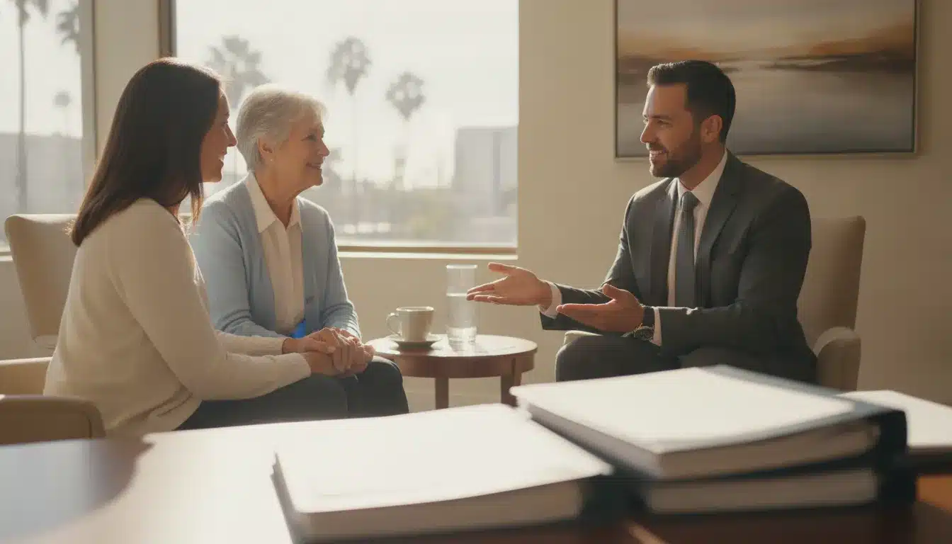 Adult child and elderly parent discussing power of attorney planning with a California estate attorney