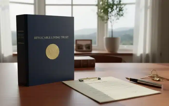California estate planning documents with trust binder and house keys