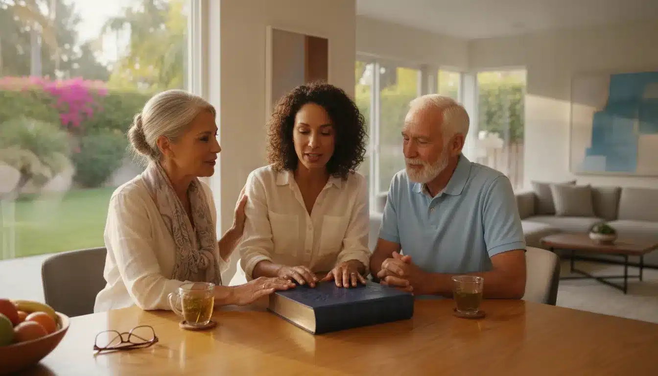 Adult daughter reviewing an inheritance trust plan with her parents at home