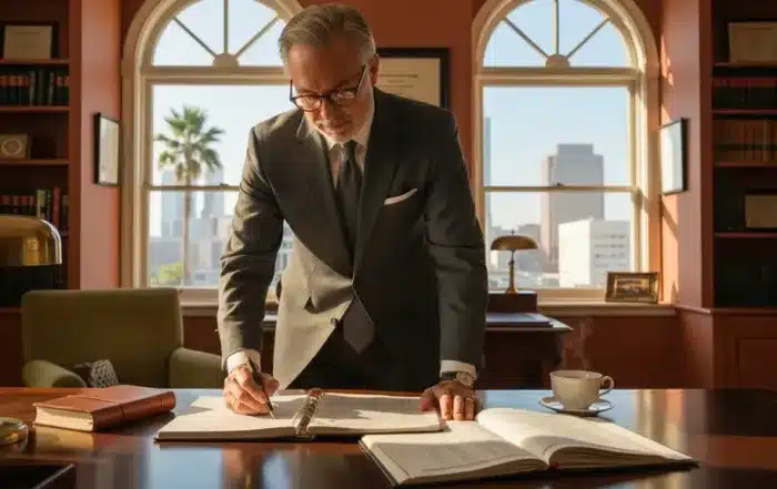 Trustee reviewing trust accounting documents at a desk in a California law office