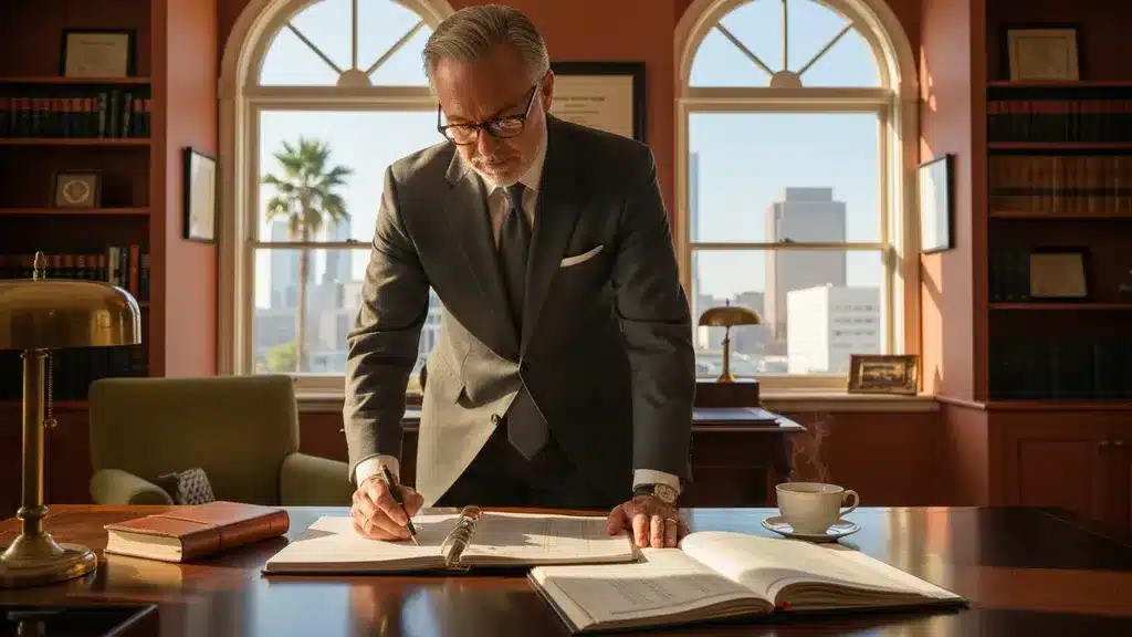 Trustee reviewing trust accounting documents at a desk in a California law office