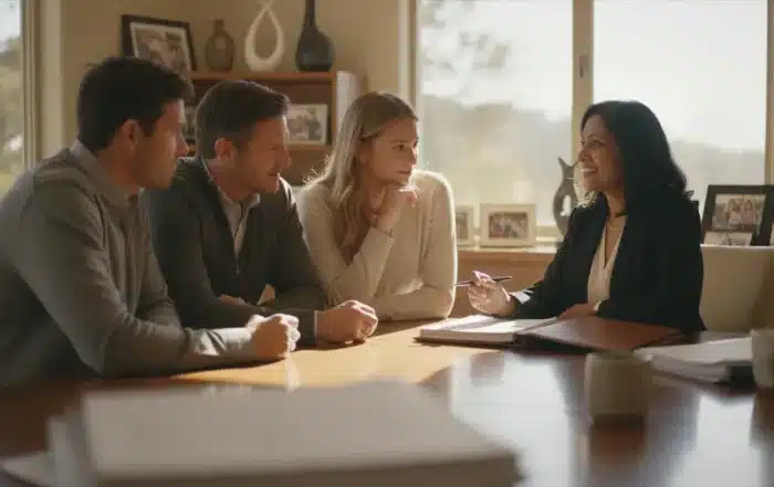 California family meeting with an estate planning attorney about trust property