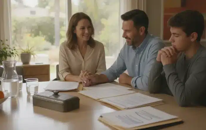 Family reviewing estate documents and property records at a table