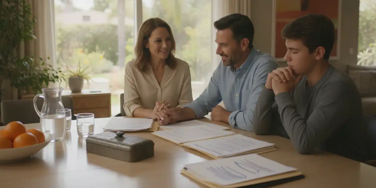Family reviewing estate documents and property records at a table