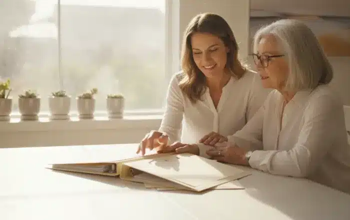 Adult child reviewing estate planning documents with an older parent at a table
