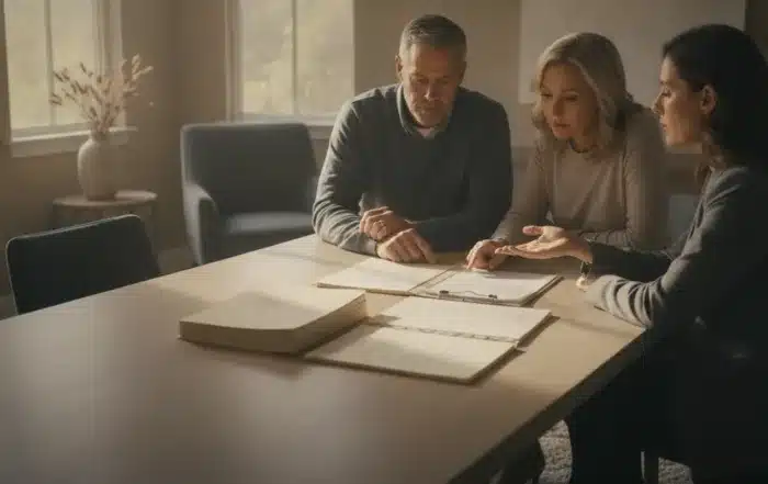 Beneficiaries reviewing trust papers with an attorney at a table