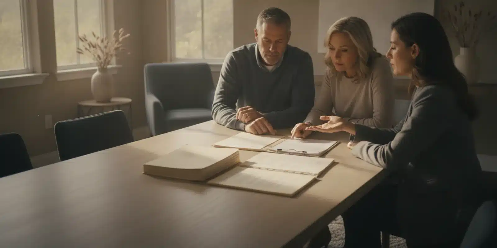 Beneficiaries reviewing trust papers with an attorney at a table