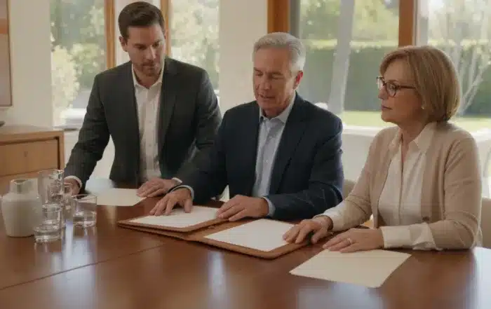 Family members review business and estate planning documents around a table