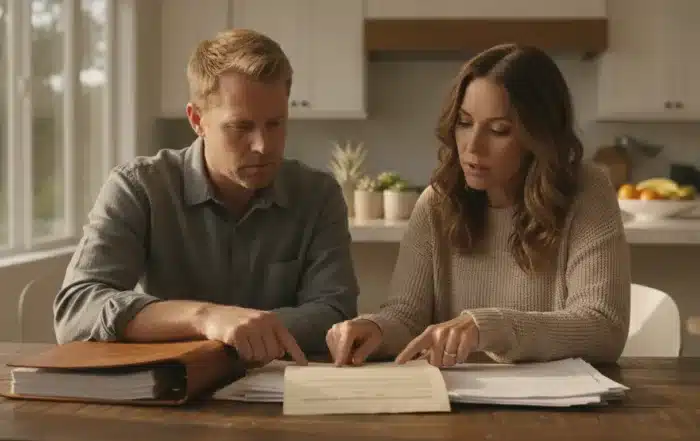 Adult siblings reviewing a family trust binder and bank statements at a kitchen table