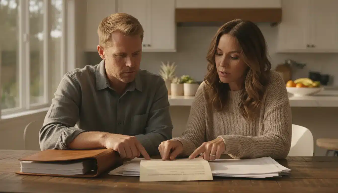 Adult siblings reviewing a family trust binder and bank statements at a kitchen table